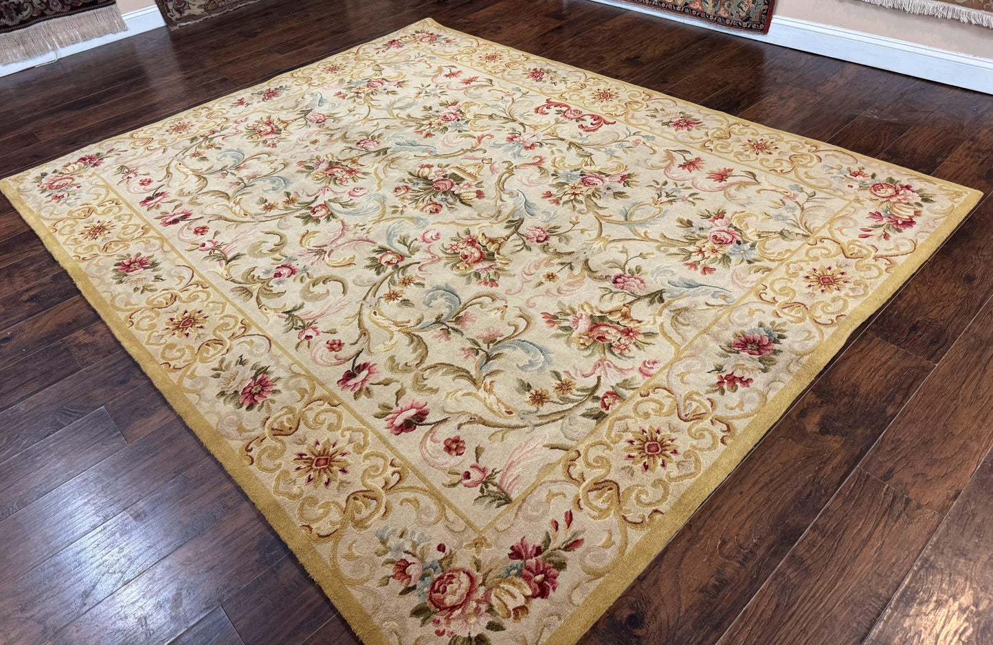 Aubusson Rug 8x10 Vintage Handmade Wool Carpet Floral Design