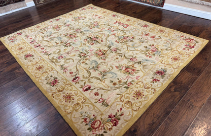 Aubusson Rug 8x10 Vintage Handmade Wool Carpet Floral Design