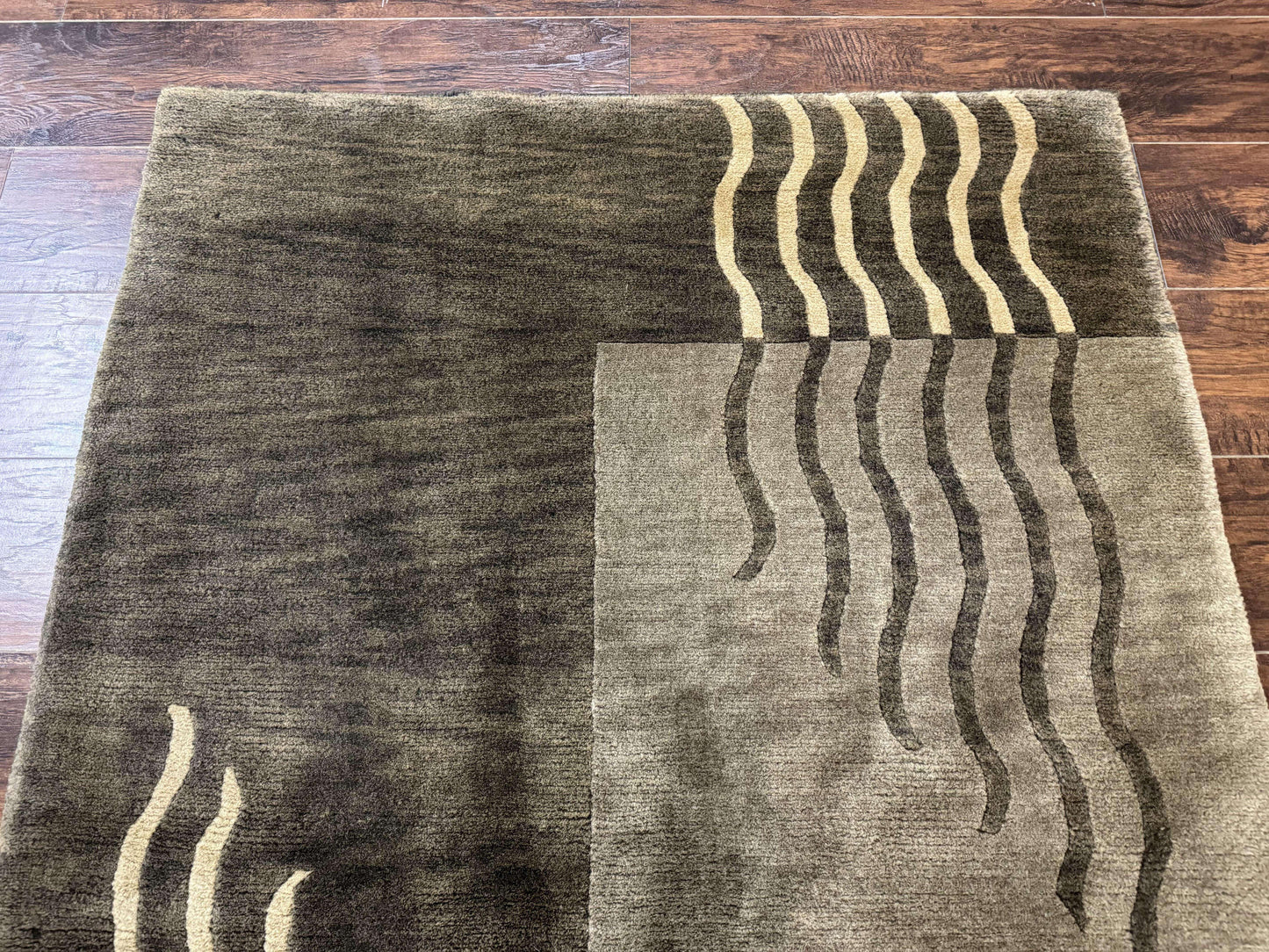 Modern Tibetan Wool Rug 3.6 x 5.6, Shades of Green, Abstract Design