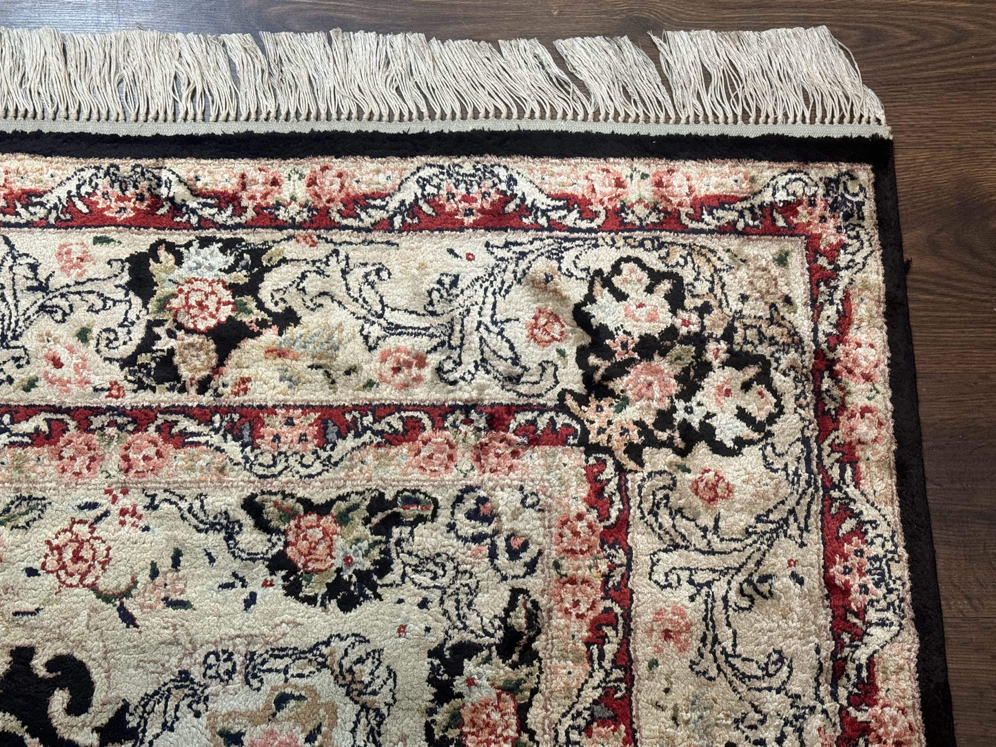 Indian Kashmiri Silk Rug, Floral Medallion, Vintage Hand Knotted Carpet