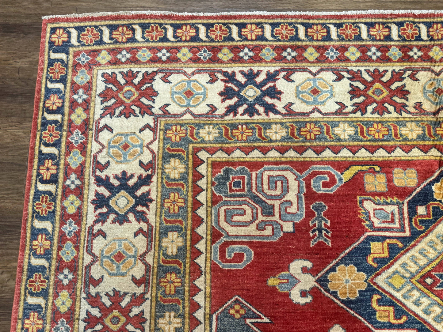 Turkish Kazak Rug 7.6 x 9.5 Hand Knotted Wool Caucasian Geometric Medallions
