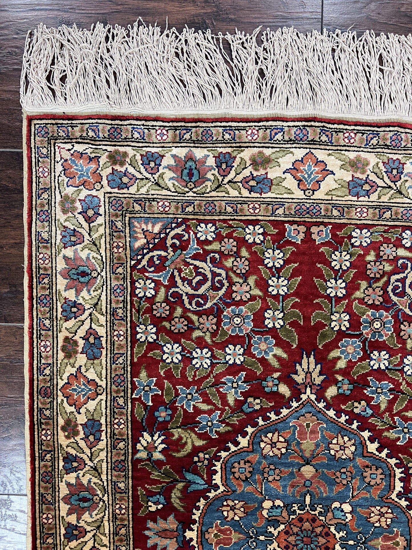 Silk Turkish Kayseri Rug 2x3, Small All Silk Turkish Carpet, Red and Light Blue, Very Fine Hand Knotted Semi Antique Vintage Handmade Rug