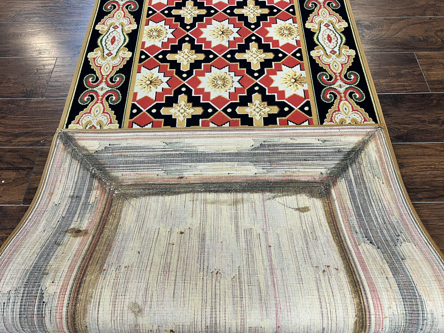 Vintage Runner Rug Long Hallway Wool Panel Design Red Black Ivory Tan European Style