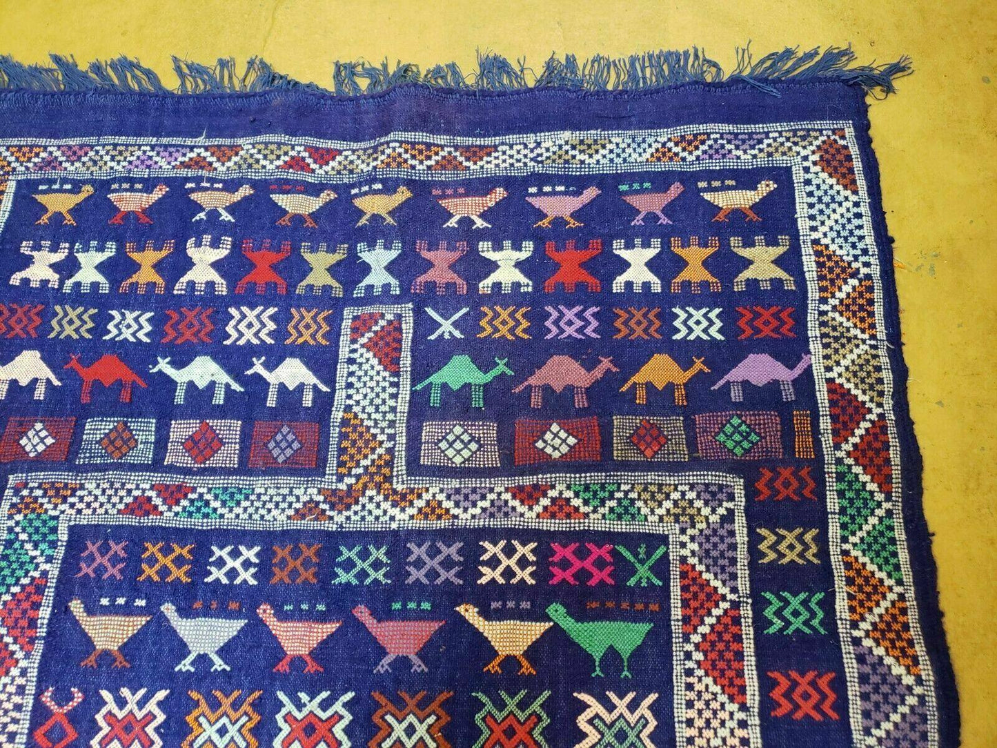 3' X 7' Vintage Handmade Indian Wool Kilim Flat weave Rug Camel Birds Blue Geometric Short Runner