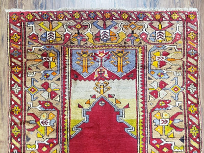 Antique Turkish Prayer Rug Handwoven Wool 3.8 By 5 Feet Colorful Red Blue Gold Anatolian Carpet