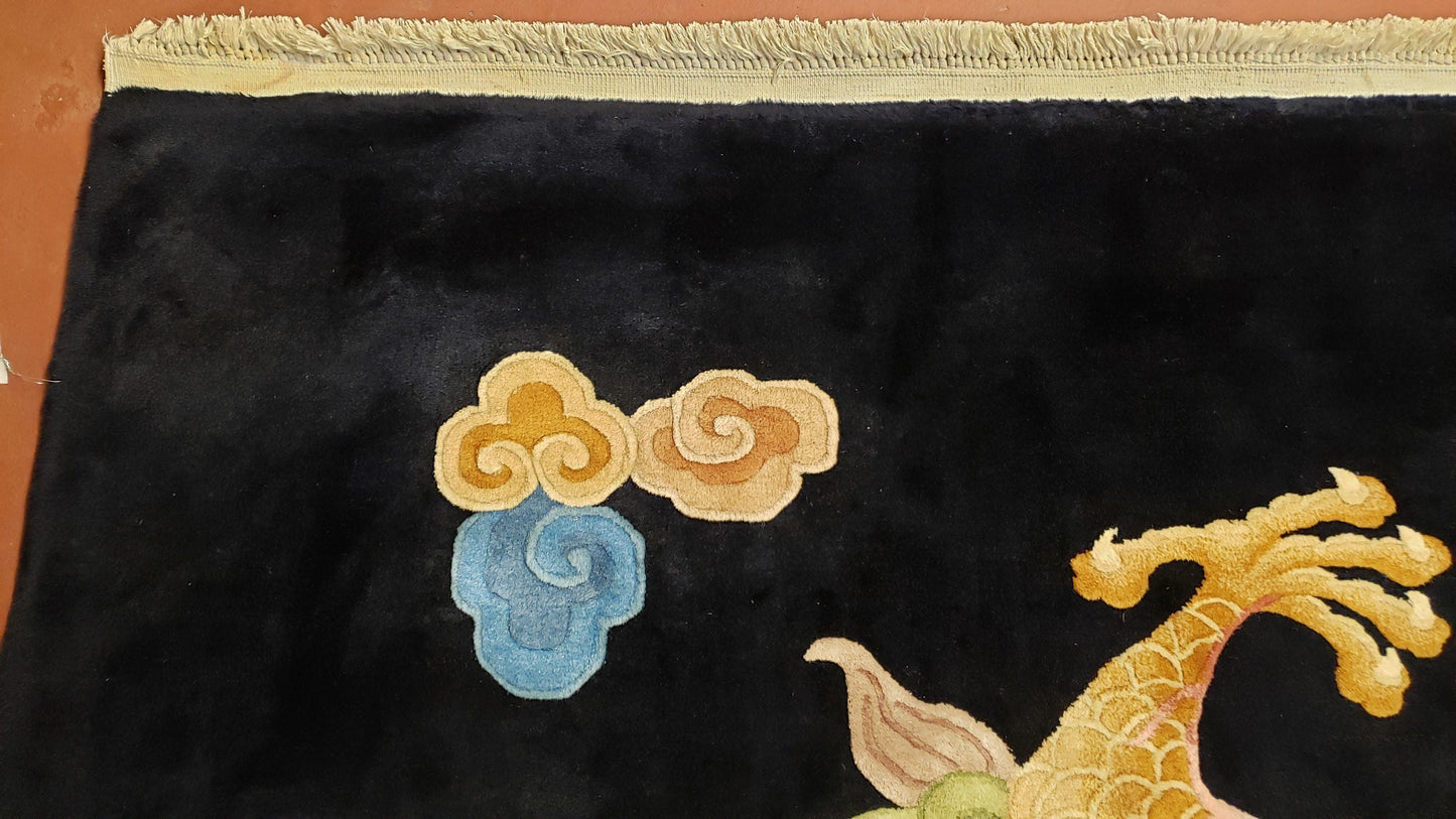 Antique Chinese Art Deco Rug 6x9 Hand Knotted Wool Dragon Black