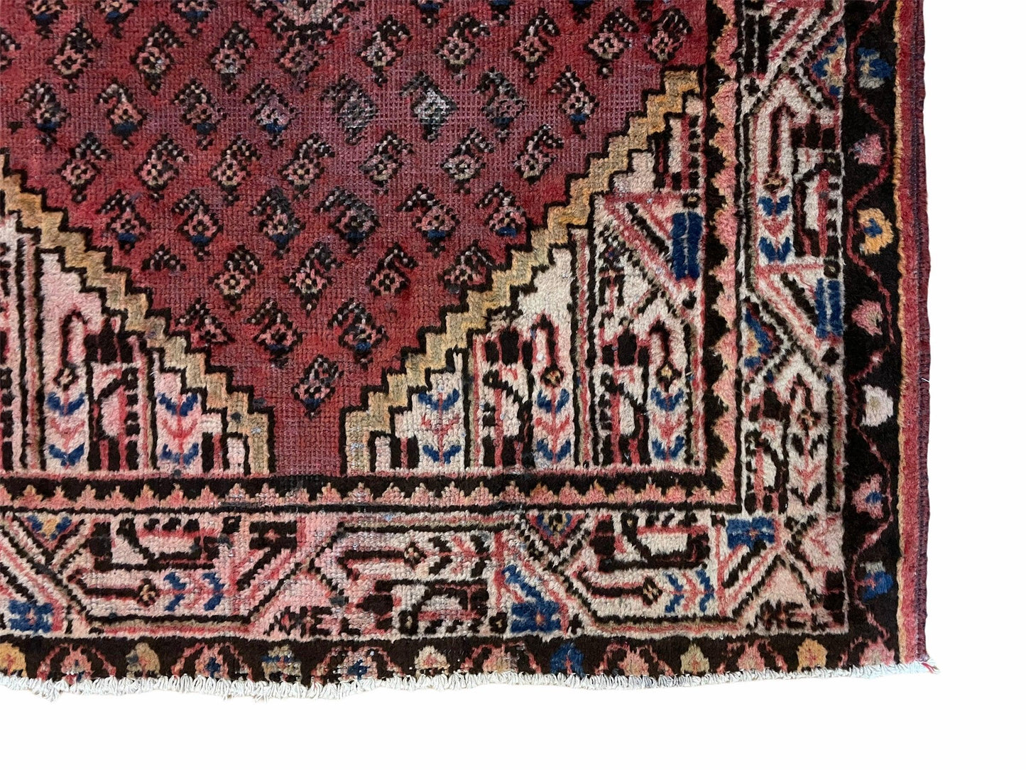 Antique Hand Knotted Wool Rug 4x6 With Organic Dyes Red Ivory Tribal Boho