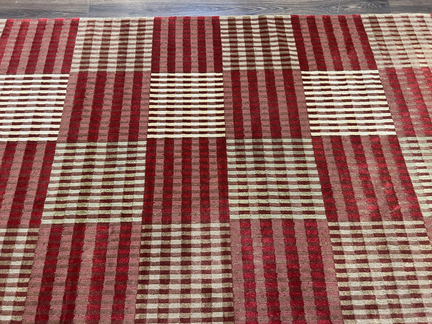 Modern Tibetan Rug 8x10, Hand Knotted Contemporary Nepali Carpet 8 x 10, Checkerboard Design, Red Cream Light Brown, Very Fine Wool & Silk