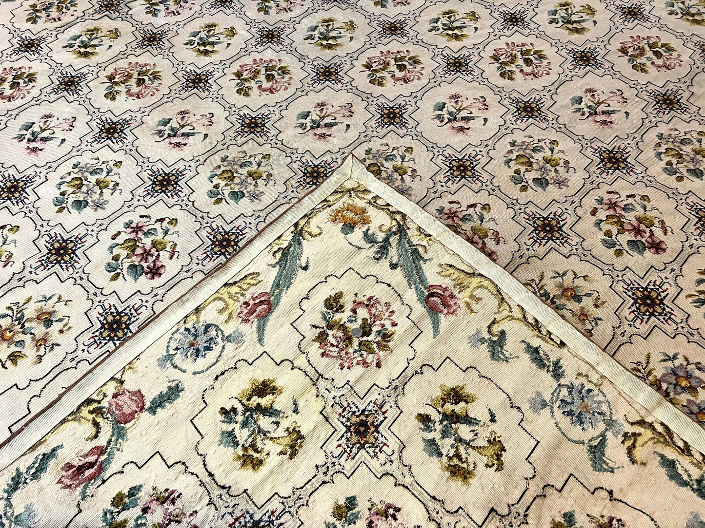 Needlepoint Rug 10x14, Wool Handmade Vintage Needlepoint Carpet, Floral Panel Design, Ivory/Cream