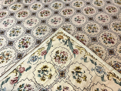 Needlepoint Rug 10x14, Wool Handmade Vintage Needlepoint Carpet, Floral Panel Design, Ivory/Cream