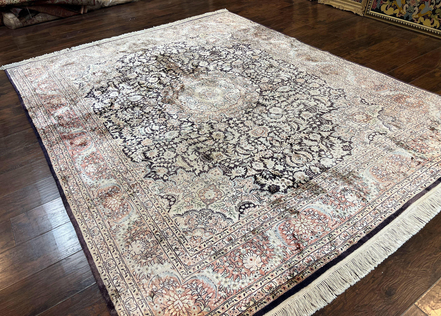 Silk Kashmiri Rug 8x10 Floral Medallion Handmade Indo Persian Vintage Silk Rug