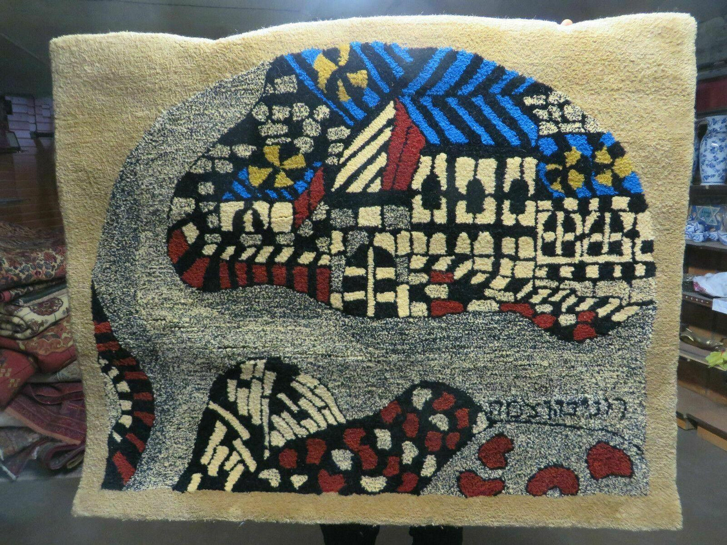 Vintage Israeli Handcrafted Wool Rug 3 By 4 Feet Wall Hanging Signed Hebrew