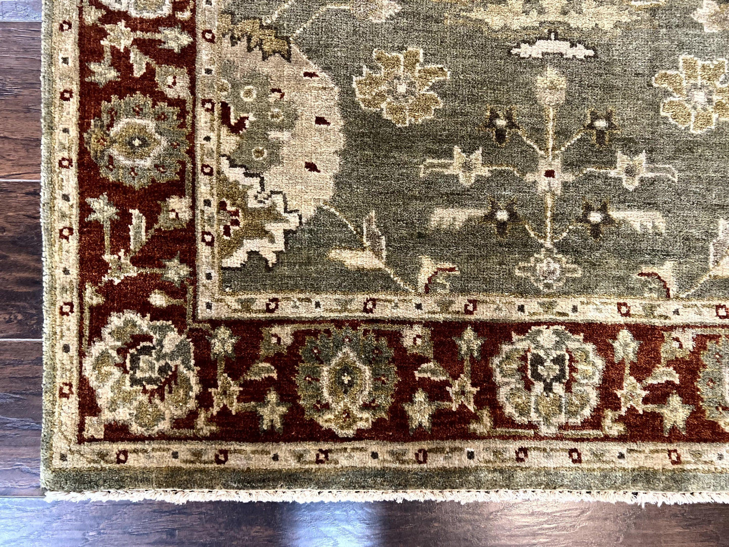 Indo Oushak Rug 4x6 Hand Knotted Wool Vintage Floral Green Maroon