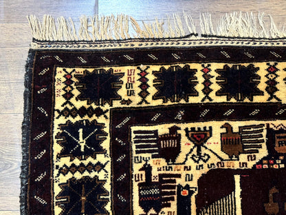 Persian Baluch Tribal Rug 4x6 Vintage Wool With Human And Bird Pictorials