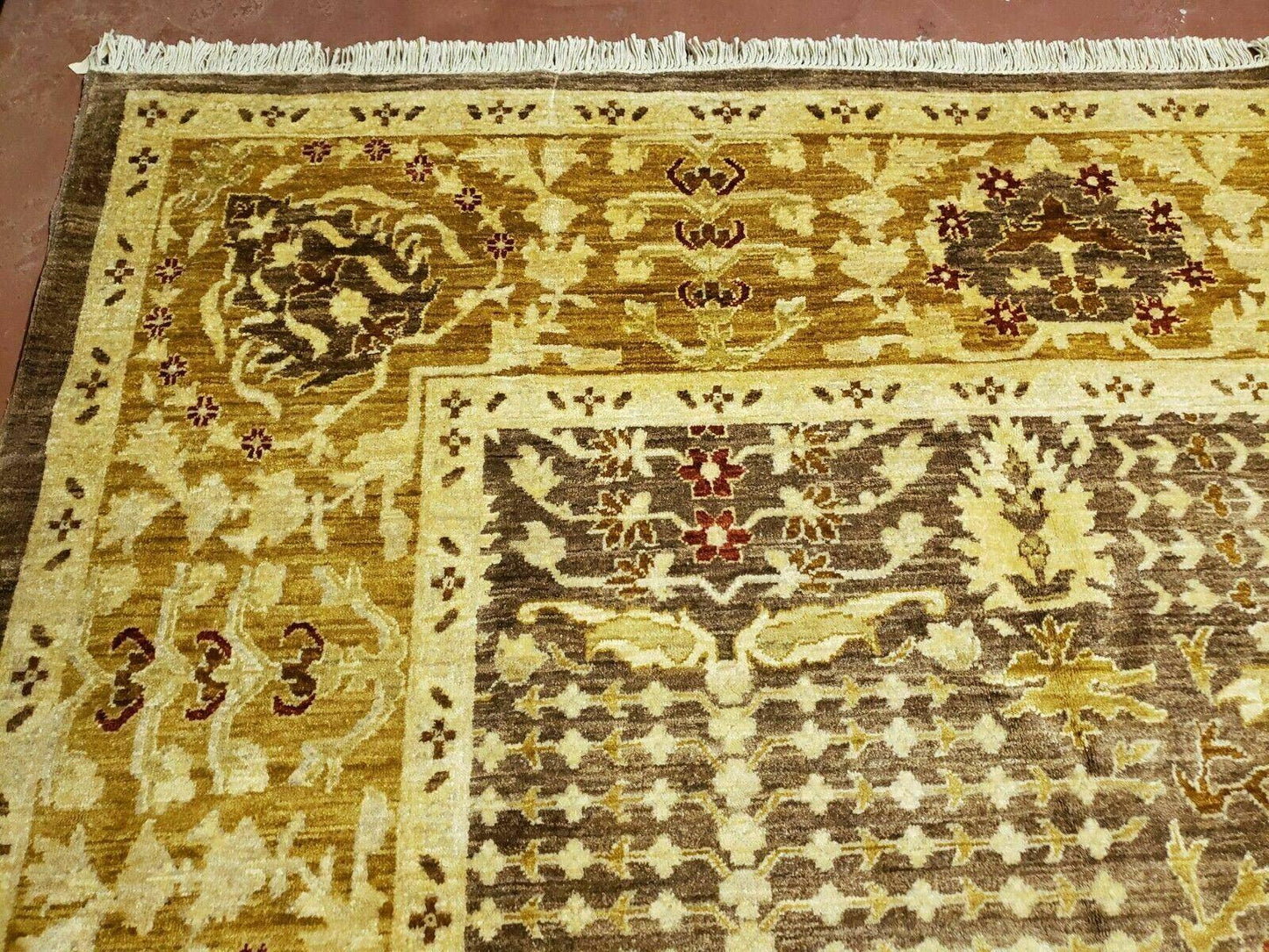 Pak Peshavar Chobi Agra Wool Carpet 10x14 Handmade Floral Pattern Rug Coffee Brown Gold