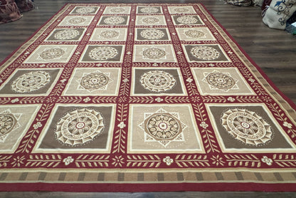 Needlepoint Rug 9x12, Panel Design, Burgundy Taupe, Elegant