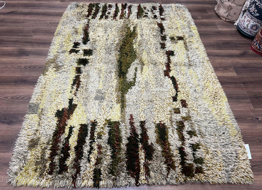 Swedish Rya Shag Rug 5x8 Multicolor Abstract Vintage Mid Century Soft Fluffy High Pile