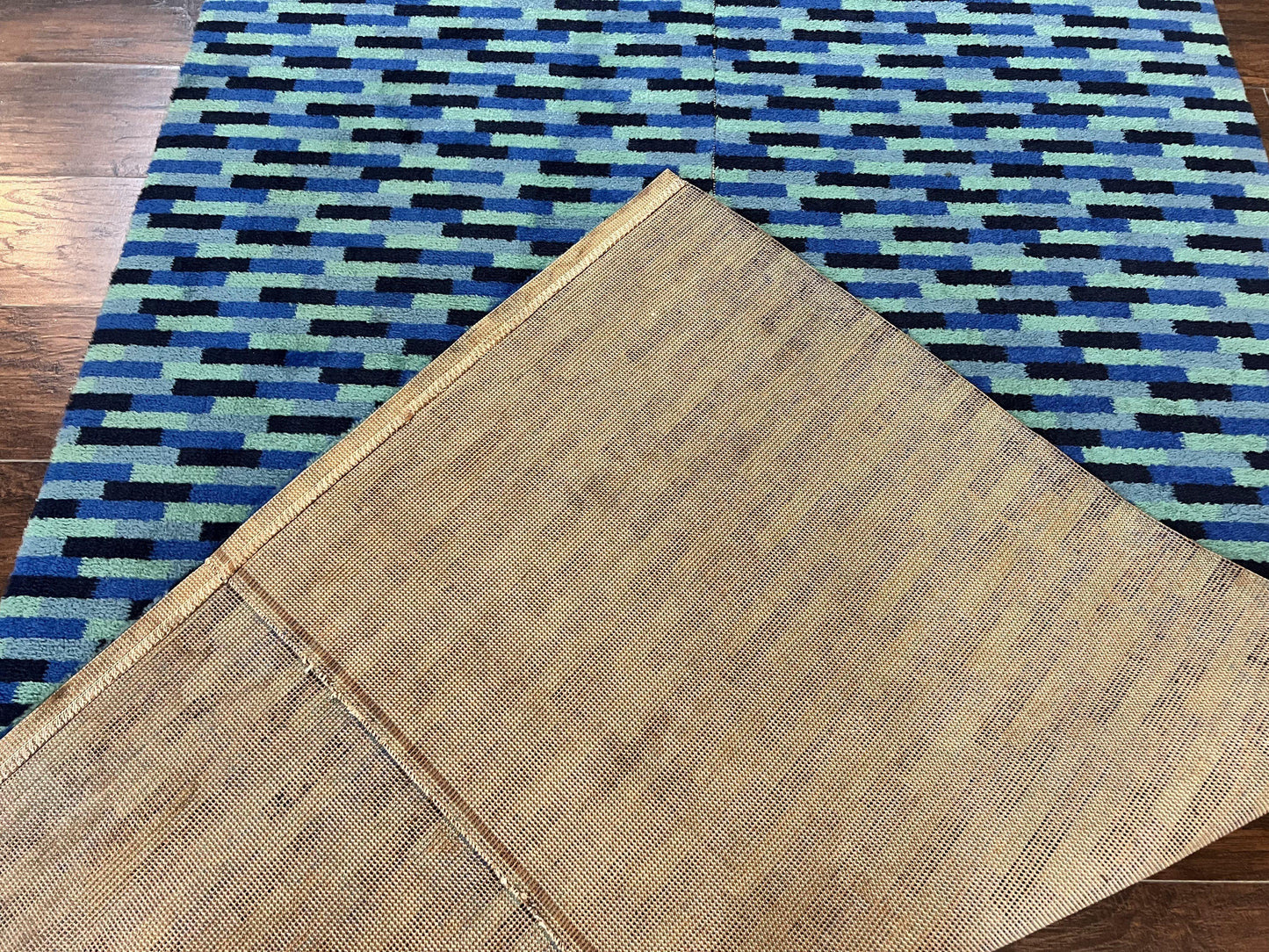 Wool Runner Rug Blue Multicolor Mosaic Design 4.7 x 12 Contemporary Power Loomed