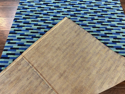 Wool Runner Rug Blue Multicolor Mosaic Design 4.7 x 12 Contemporary Power Loomed