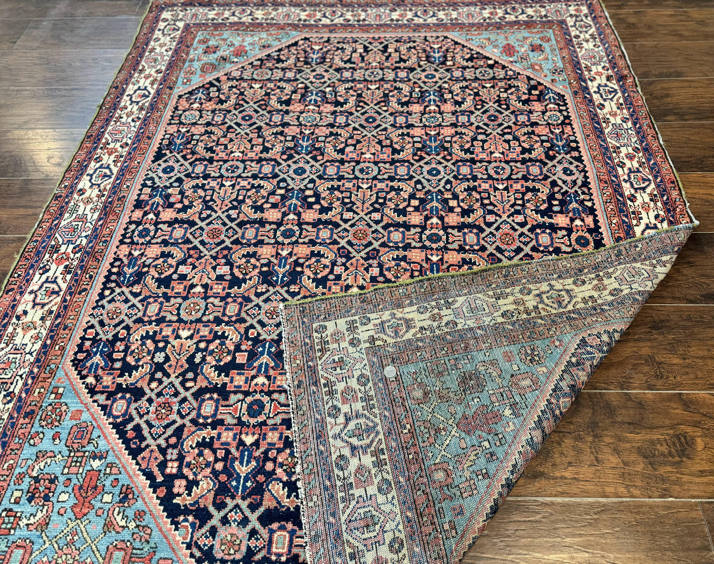 Antique Persian Rug Handmade Wool 5 by 6.7 Feet Navy Blue and Ivory Hamadan Angelas