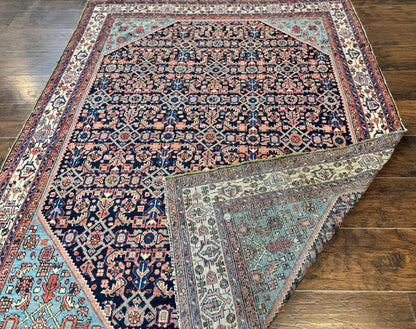 Antique Persian Rug Handmade Wool 5 by 6.7 Feet Navy Blue and Ivory Hamadan Angelas