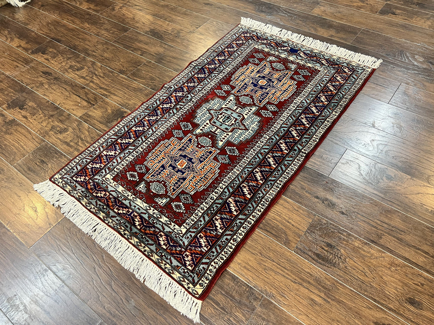 Kazak Rug Vintage Handmade Wool 3x5 Ft Pakistani Geometric Dark Red Oriental Carpet