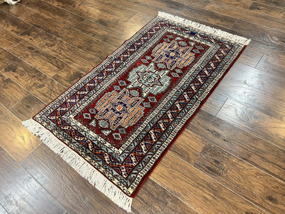 Kazak Rug Vintage Handmade Wool 3x5 Ft Pakistani Geometric Dark Red Oriental Carpet