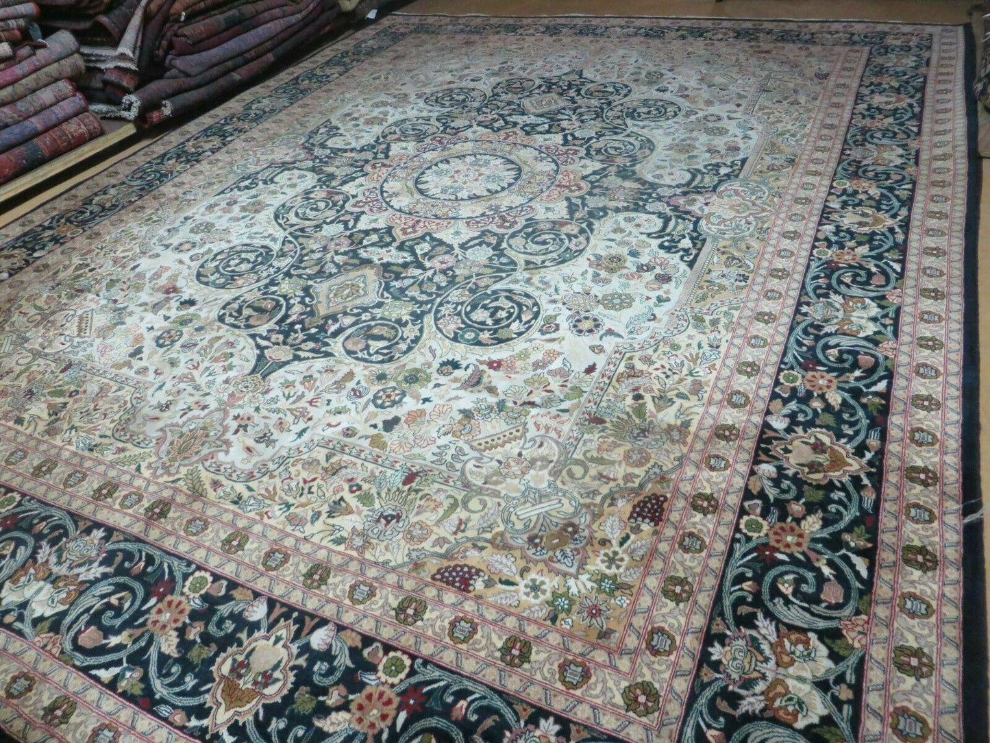 Beautiful Sino Persian Rug 9x12, Elegant High Quality Handmade Wool Oriental Carpet, Medallion with Corner Design, Floral, Black and Ivory