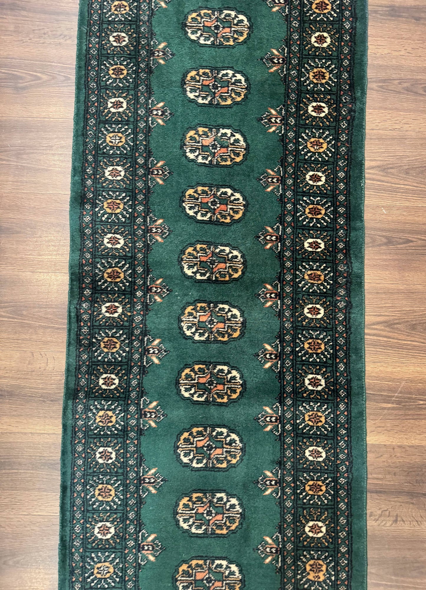 Pakistani Bokhara Runner Rug 2.5 x 11, Green Turkoman Wool Runner for Hallway