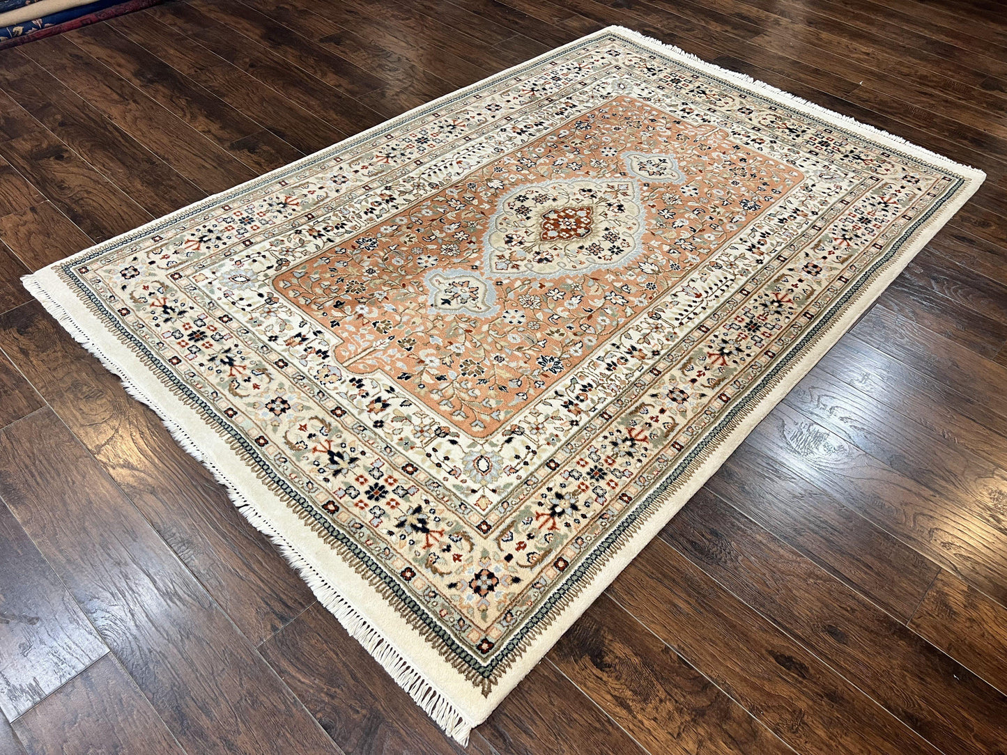 Indo Persian Rug 6x9, Wool Hand Knotted Vintage Carpet, Salmon & Ivory, Traditional Oriental Rug 6 x 9