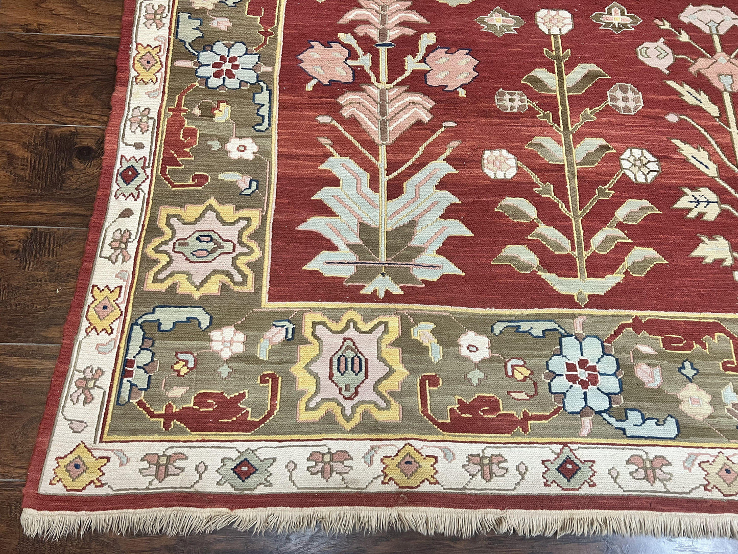 Indian Rug 10x14, Wool Hand Knotted Flatweave Carpet, Tree of Life, Red and Green