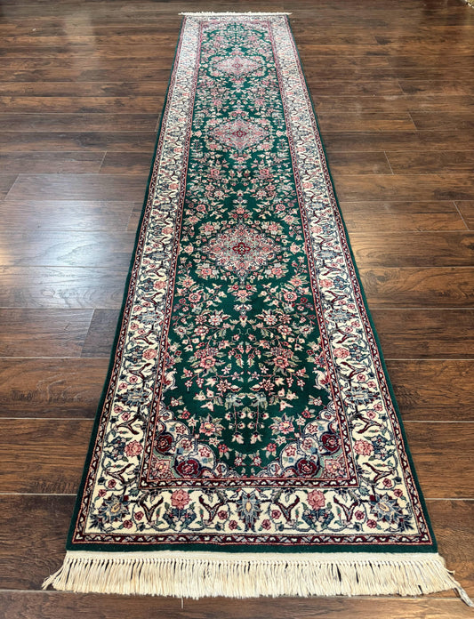 Sino Persian Runner Rug 2.7 x 12, Floral Allover, Dark Green, Vintage HandmadeOriental Carpet for Hallway, 12ft Runner, 200 KPSI