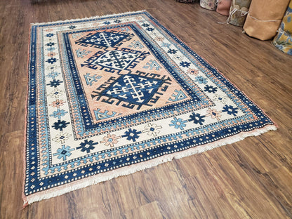 Turkish Kazak Rug 5x8 Ft Hand Knotted Wool Bohemian Carpet Blue Ivory