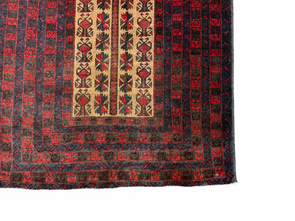 Turkoman Balouch Handmade Wool Rug Three By Three Point Five Vintage Red Tribal Prayer Carpet