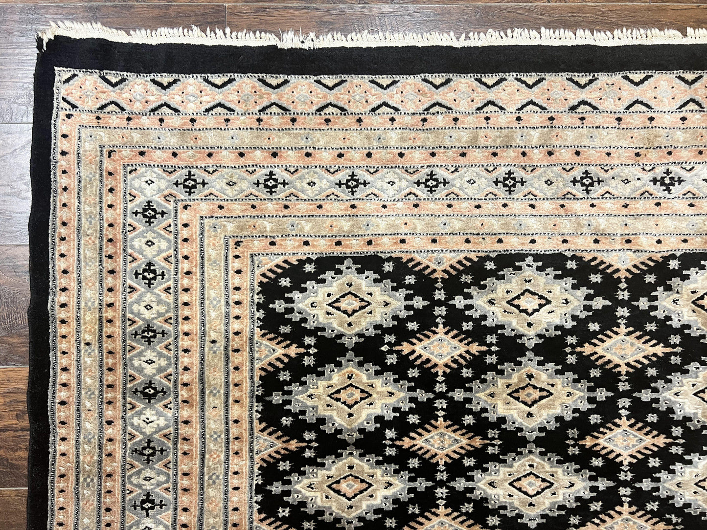 Pakistani Bokhara Rug 6x9, Hand Knotted Vintage Wool Carpet with Silk Highlights, Very Fine 320 KPSI, Medium Size