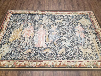 Vintage European Tapestry Aubusson Weave Wool Wall Hanging Courtship Scene Animals