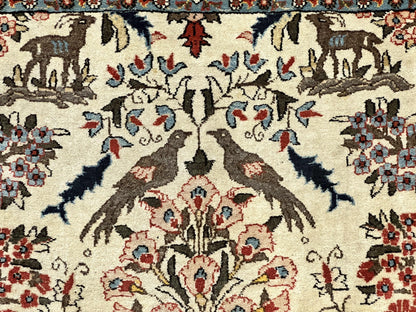 Persian Tree of Life 5x7, Qum Rug, Animal Motifs, Deer Birds, Fine 225 KPSI, Semi Antique Wool Rug, Cream Red