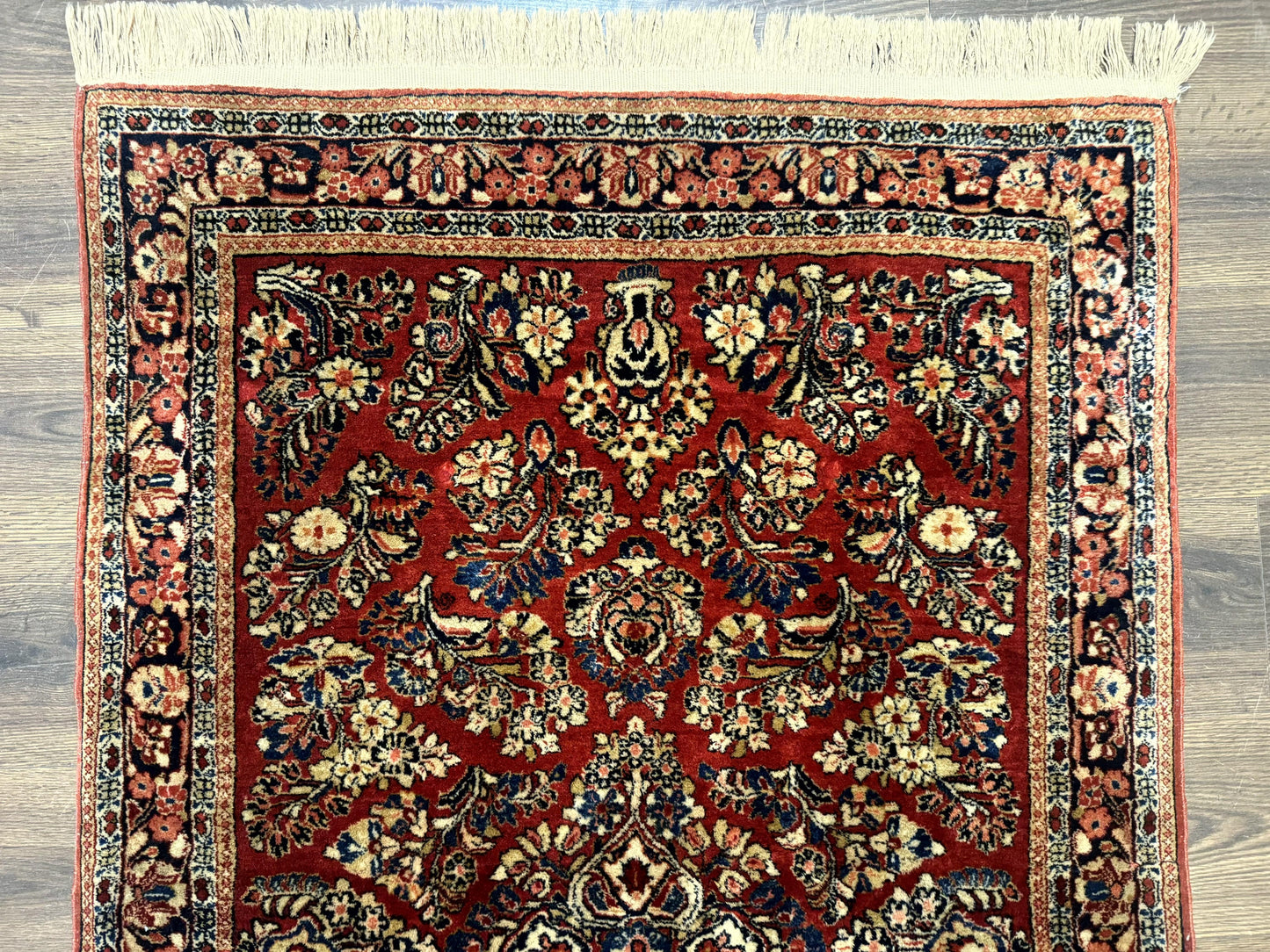 Antique Persian Sarouk Rug Hand Knotted 3x5 Red Floral Navy Ivory 200 KPSI