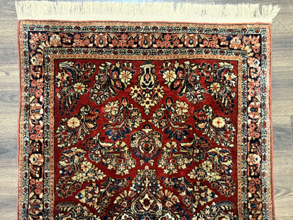 Antique Persian Sarouk Rug Hand Knotted 3x5 Red Floral Navy Ivory 200 KPSI