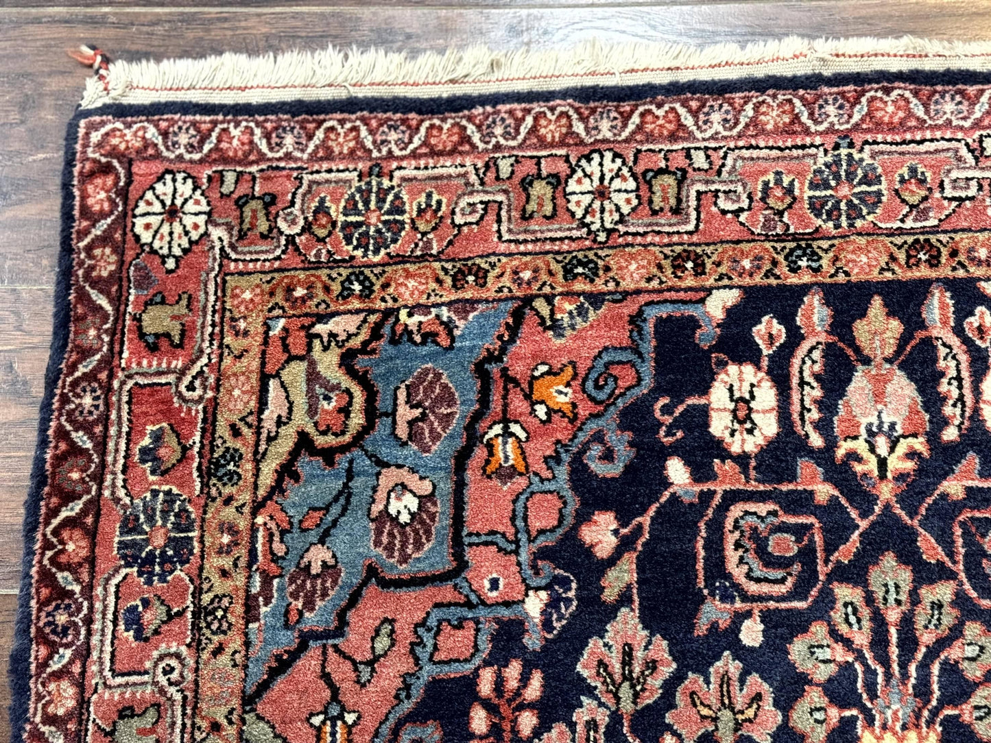 Persian Rug 3x5, Jozan Sarouk Rug, Navy Blue and Coral, Medallion Rug, Semi Antique