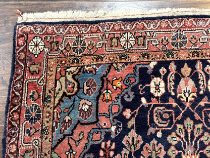 Persian Rug 3x5, Jozan Sarouk Rug, Navy Blue and Coral, Medallion Rug, Semi Antique