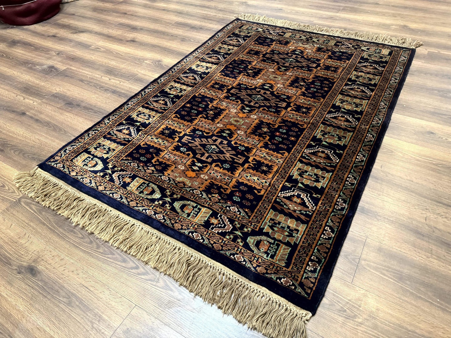 Vintage Afghan Rug 4x6, Navy Blue and Light Brown, Geometric Medallions, Wool on Wool, Tribal Rug
