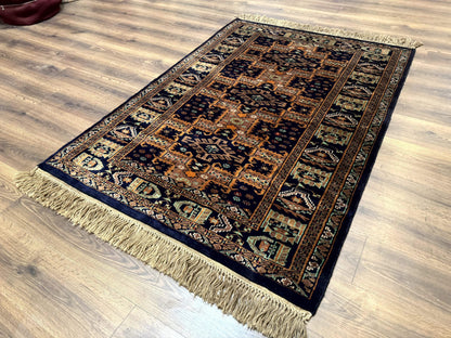 Vintage Afghan Rug 4x6, Navy Blue and Light Brown, Geometric Medallions, Wool on Wool, Tribal Rug