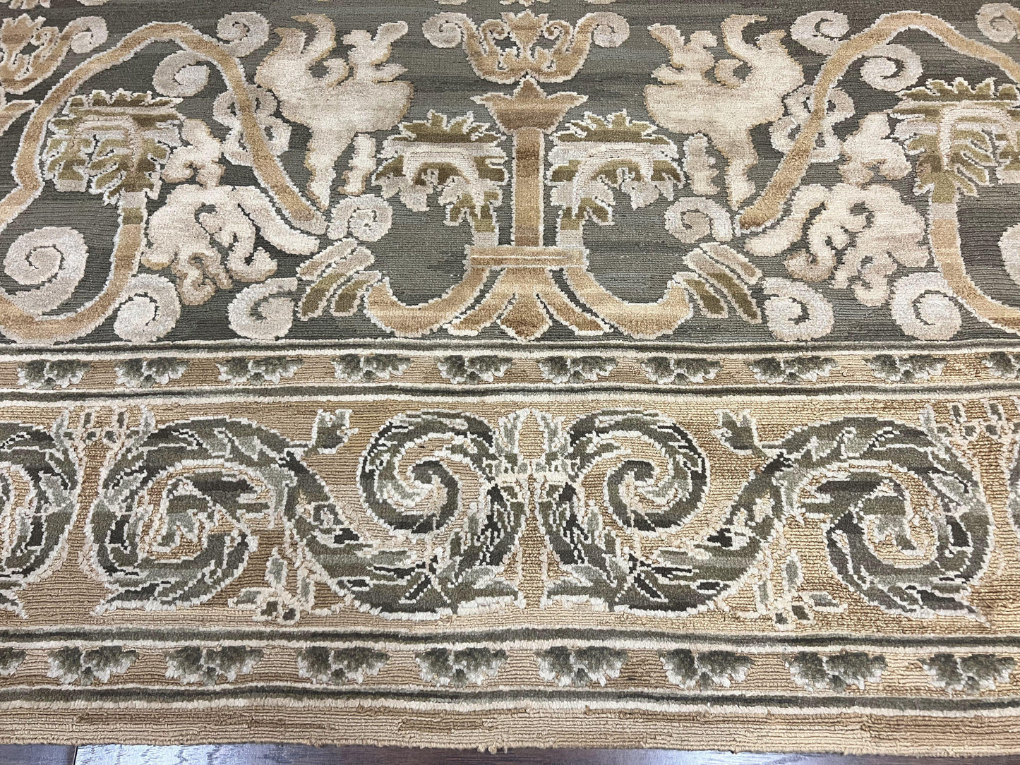 Spanish Wool Rug 11x14 Hand Knotted Vintage Floral Olive Green Beige European Design