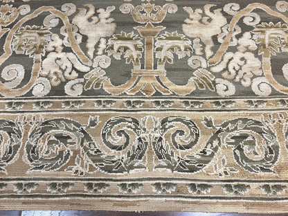 Spanish Wool Rug 11x14 Hand Knotted Vintage Floral Olive Green Beige European Design