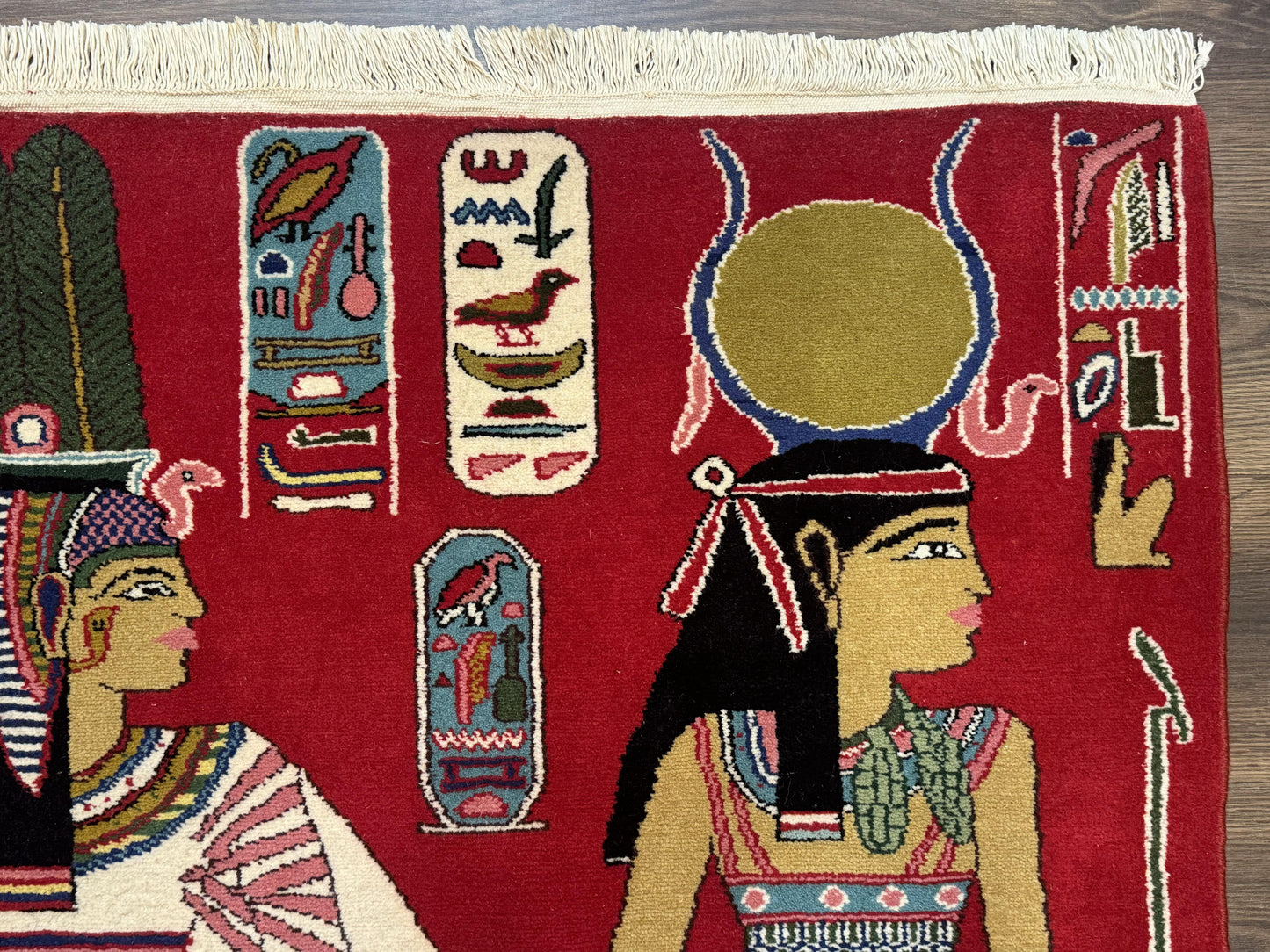 Egyptian Pictorial Rug 3x4, Hieroglyphic Pictorial Rug, Egyptian Prince and Princess, Cleopatra, Vintage Handmade, Red