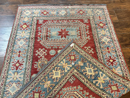 Turkish Kazak Rug Handmade Vintage Wool Carpet Geometric Design Red And Light Blue