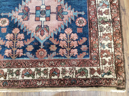 Blue Vintage Persian Hamadan Rug Hand Knotted Wool 4x6 Ft 1950s
