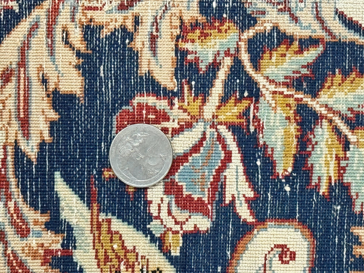 Persian Isfahan Rug 2x4, Birds, Navy Blue, Kork Wool on Silk Foundation, 460 KPSI