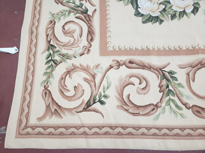 Elegant Aubusson Rug 10 x 14, Cream and Ivory Simple Aubusson Floral Carpet, Hand-Woven, European, New Aubusson Rug, Wool Area Rug, Violins